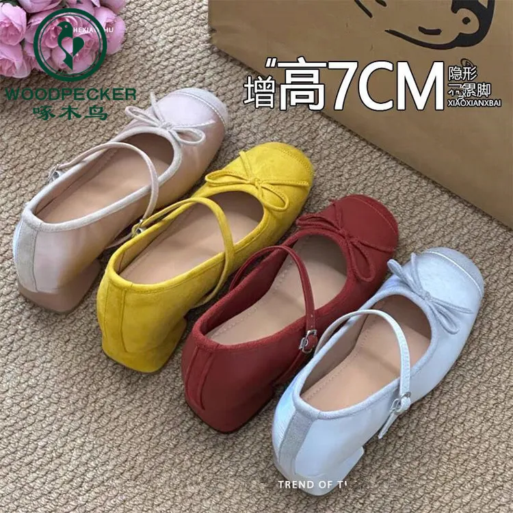 啄木鸟小个子内增高7CM单鞋女2025新款浅口蝴蝶结粗高跟玛丽珍鞋