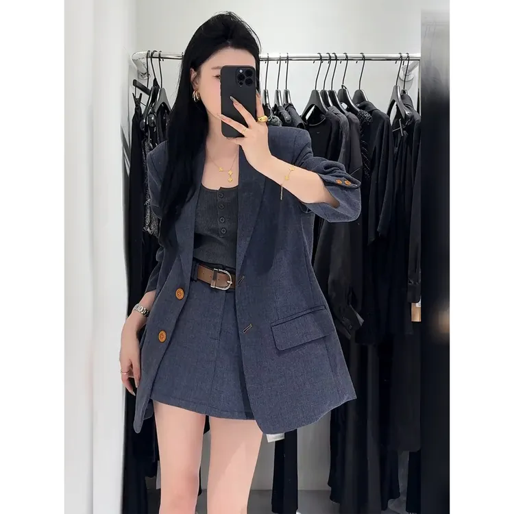 秋季新款大方高级感穿搭重要场合小个子蓝色西装外套短裙套装女装