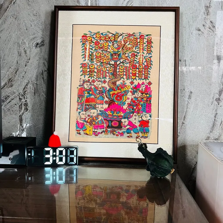 非遗手工木版吉祥年画《摇钱树》可挂可摆办公家居装饰画