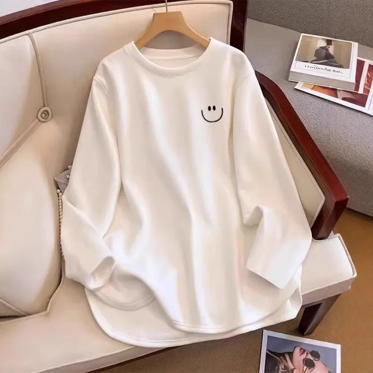 白色弧形下摆打底衫女2025新休闲宽松遮肚显瘦内搭长袖t恤中长款