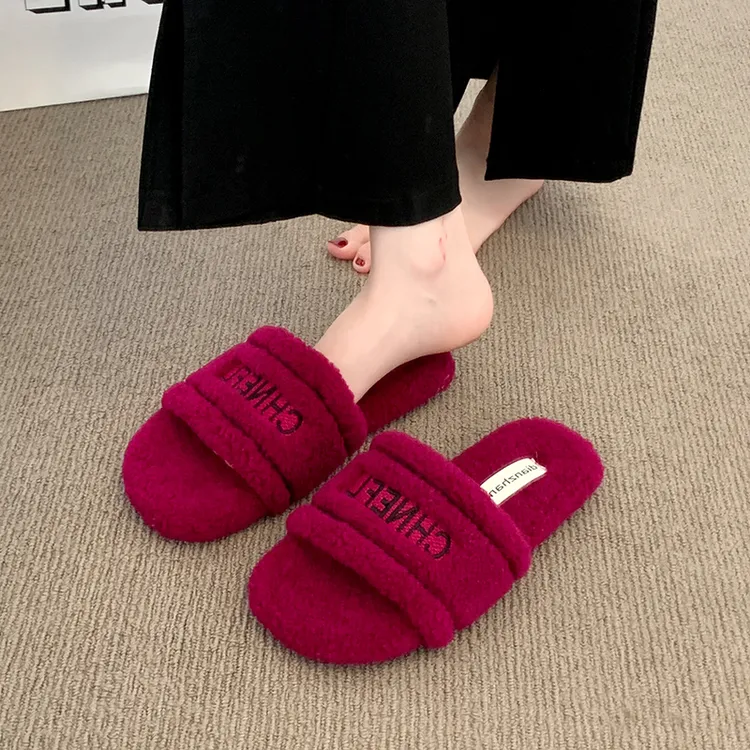 复古加绒刺绣毛毛拖鞋女2025新款秋冬季外穿毛绒高级感平底棉拖鞋