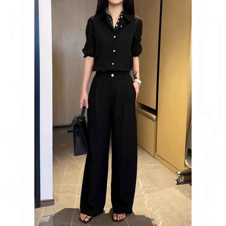 老钱风时尚套装女2025新款黑色长袖衬衫宽松显瘦阔腿裤休闲两件套