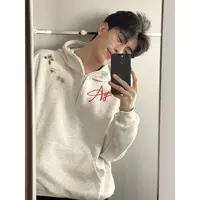 美式潮牌个性小绿花字母印花休闲秋冬半拉链卫衣情侣连帽外套上衣