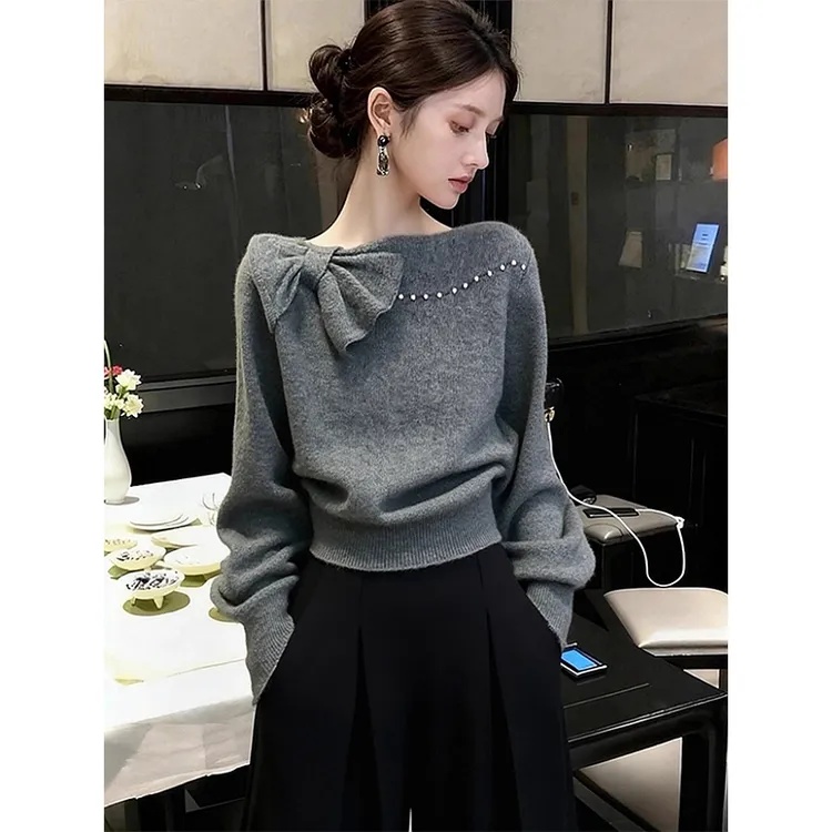 毛衣女款2025新款秋冬巨好看气质高端灰色蝴蝶结内搭针织衫上衣厚