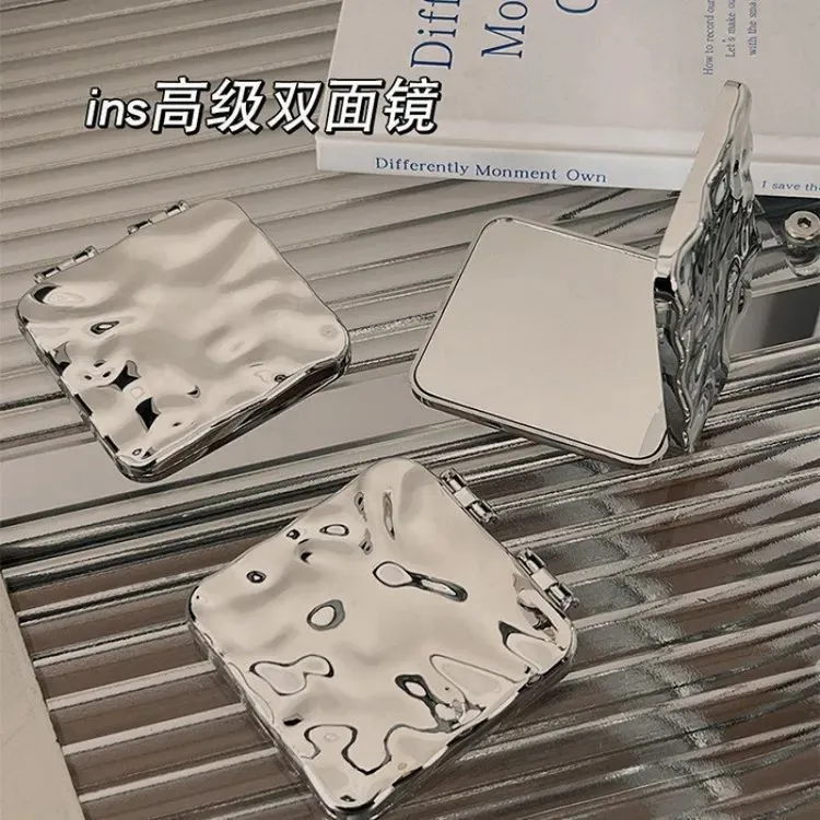 【电镀水波纹】双面小镜子折叠随身便携式高级手拿翻盖式