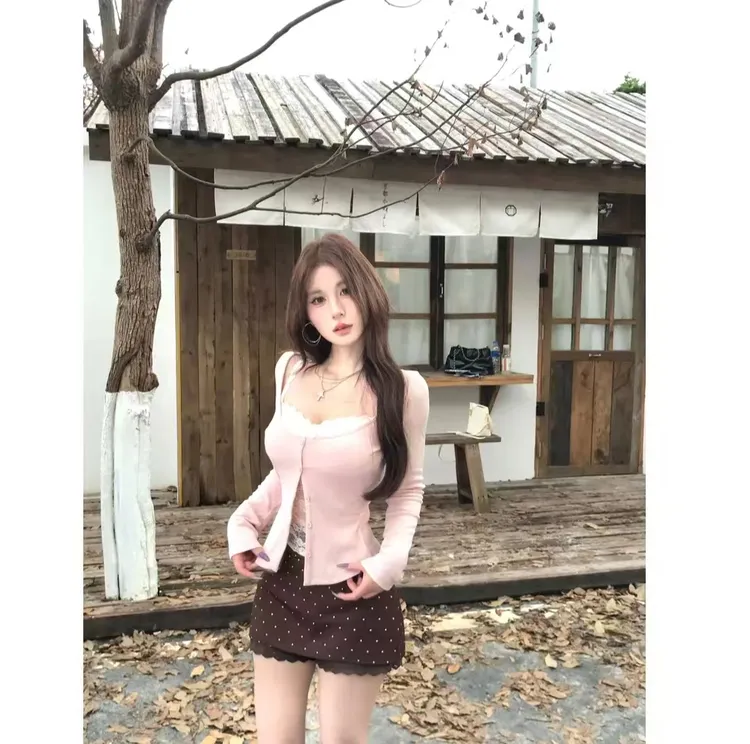 【半盏情书】纯欲蕾丝假两件罩衫女秋季复古波点显瘦短裙