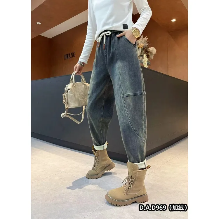 潮秀儿家大码加厚绒冬季软弹牛仔老爹裤969