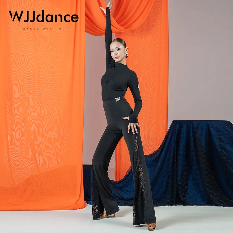 WJJdance拉丁舞裤子女成人2025新款侧裤腿拼接蕾丝微喇叭国标长裤