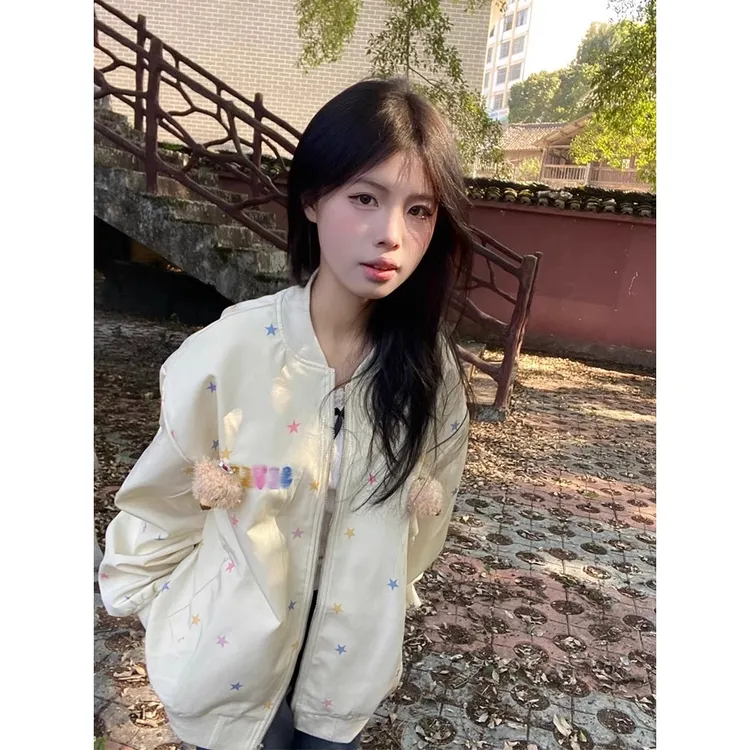 CEENIU可爱星星满印棒球服外套女秋冬甜美小个子宽松小熊夹克开衫