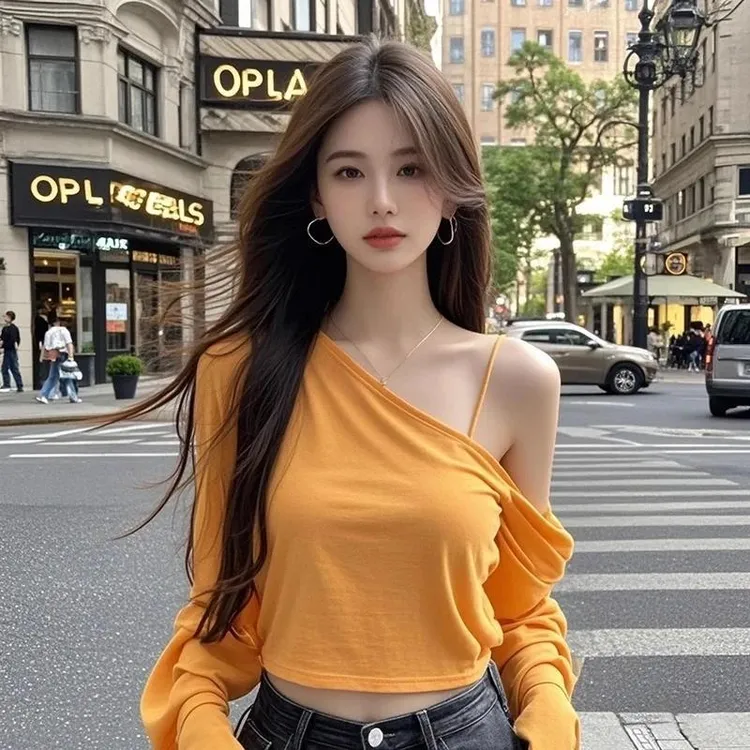韩系黄色斜肩长袖春季新款修身显瘦纯欲辣妹打底短款上衣别致肩上
