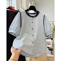 D00701韩系减龄气质百搭圆领格子短袖衬衫女夏季小衫超好看上衣