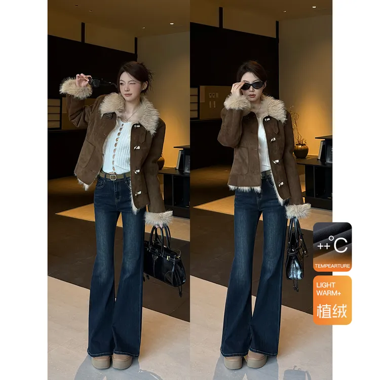 三颗金鑫•秋冬加绒蓝灰色中高腰不贴腿显瘦时尚牛仔微喇裤裤子女