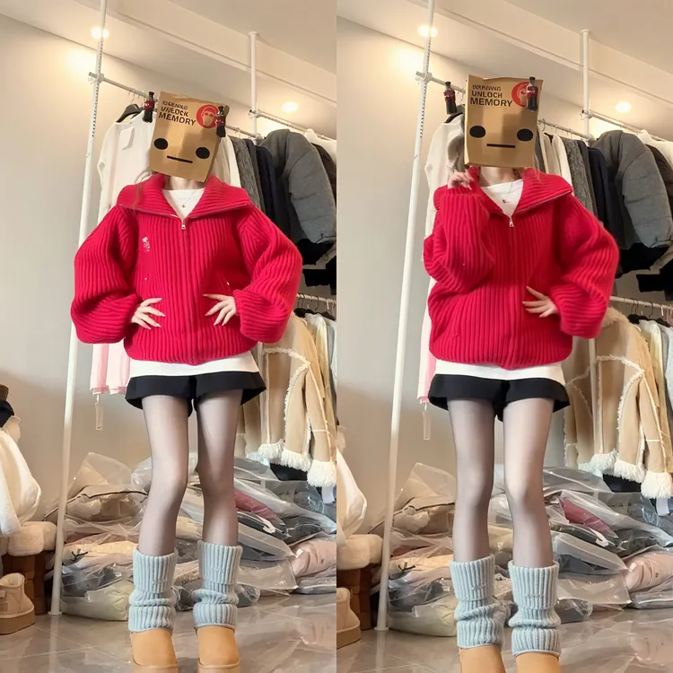 韩系氛围感穿搭2026新款休闲气质显瘦红色毛衣外套休闲短裤两件套