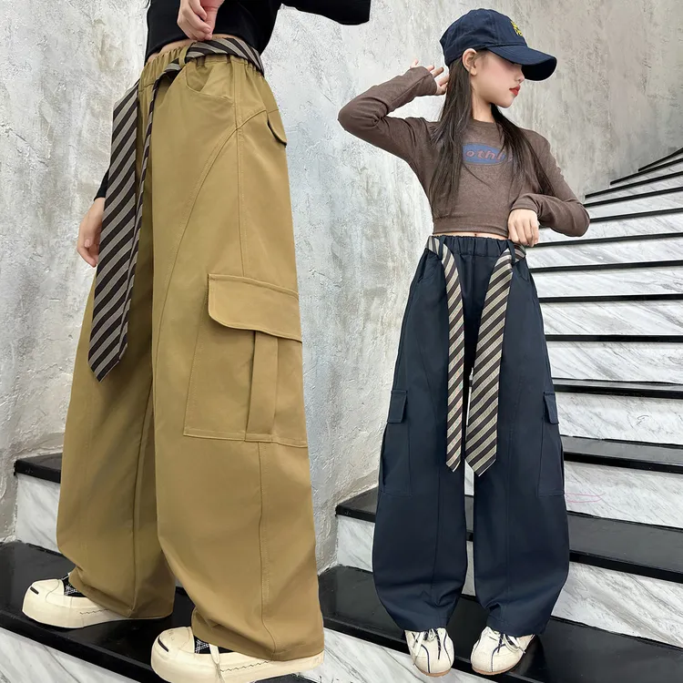 女童秋季工装裤女大童网红爆款弯刀阔腿裤女孩韩系百搭休闲裤时髦