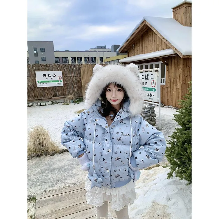 冬季新款星星毛领连帽棉服女甜酷保暖面包服短款棉衣外套