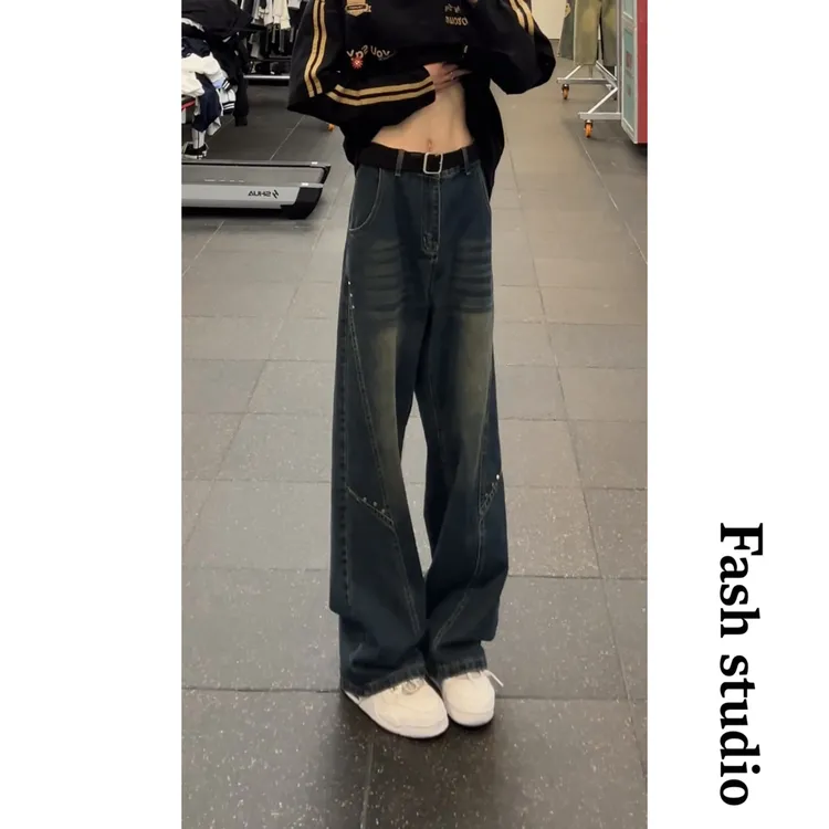 美式复古小众解构水洗弯刀牛仔裤男设计感休闲baggy阔腿裤子ins