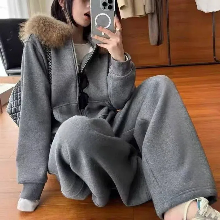 休闲加绒加厚时尚套装女2025冬季款毛领连帽开衫卫衣阔腿裤两件套