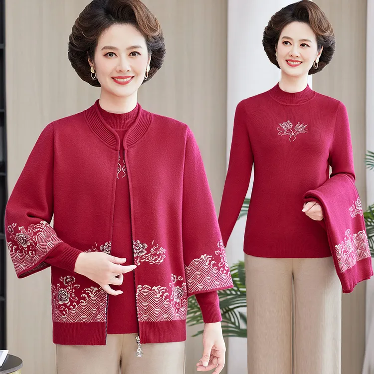 喜妈妈喜婆婆婚宴装秋冬洋气两件套装中老年女装喜庆红色毛衣外套