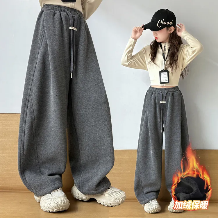 女童加绒冬季糯米裤中大通韩版秋冬茧型宽松休闲裤儿童一体绒裤子