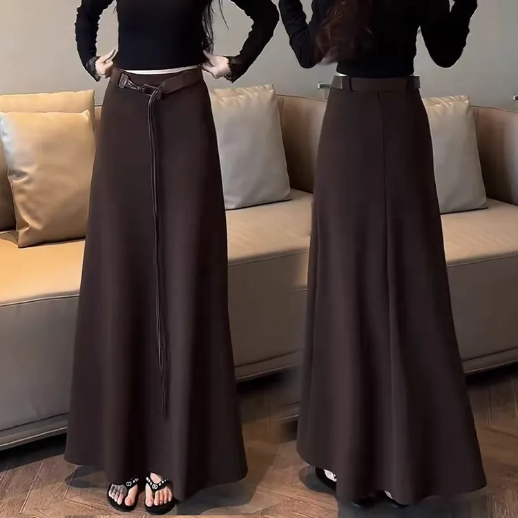 拉夏贝尔气质A版毛呢半身裙女秋冬2025新款设计感大摆裙咖色长裙