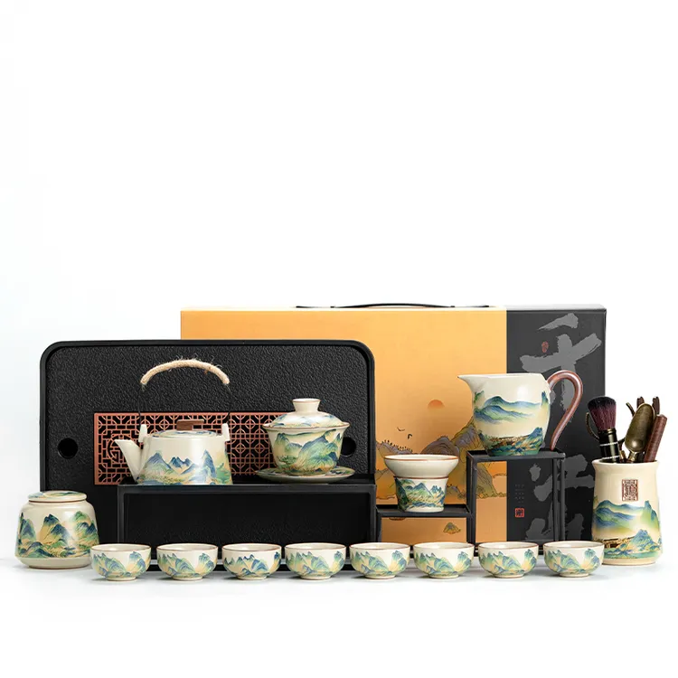 汝窑万里山河功夫茶具套装高档家用办公室泡茶壶茶杯整套茶具送礼