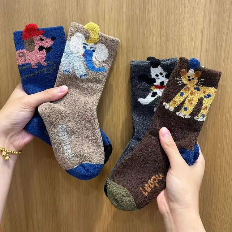 儿童袜子冬季加厚加绒中筒袜男童女童秋冬款珊瑚绒袜子宝宝卡通袜