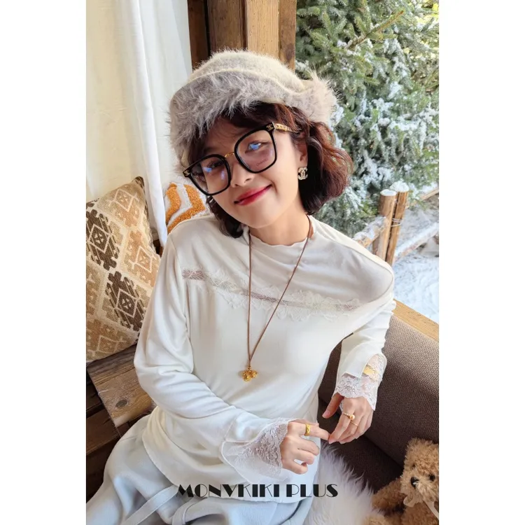 MoNvKiKiPlus8「云慕」大码微胖保暖衣蕾丝打底上衣T恤#1965