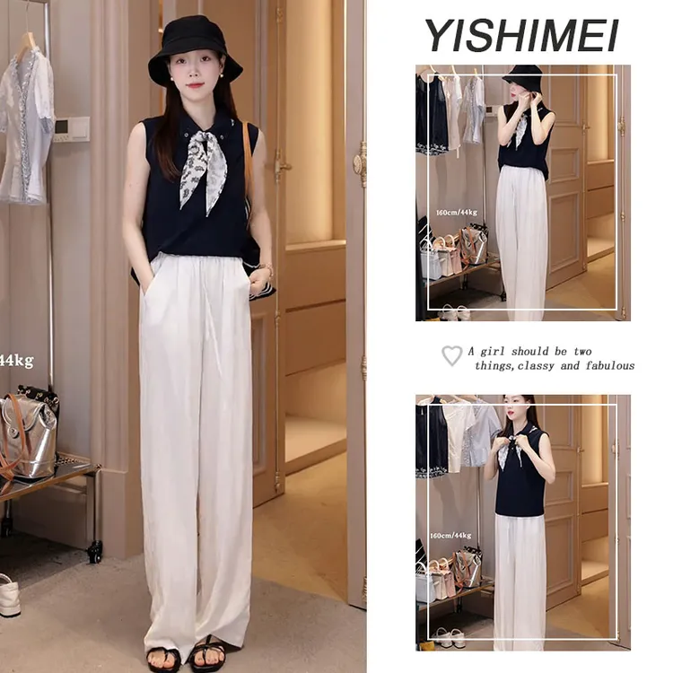 夏季时尚穿搭2025年新款气质百搭翻领无袖上衣高腰休闲裤两件套装