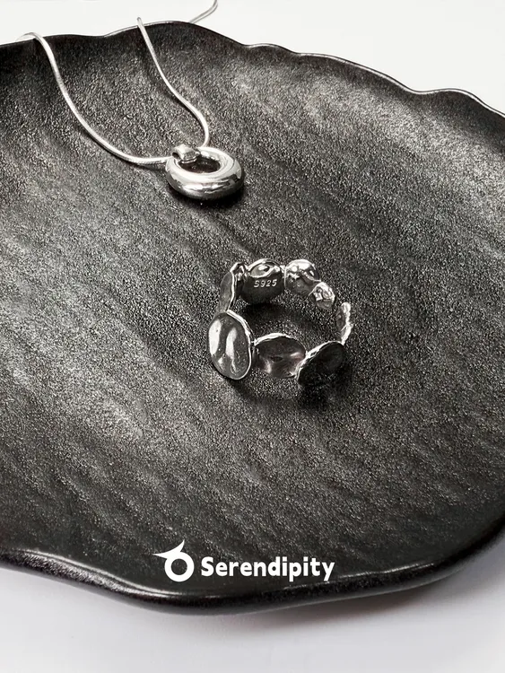 925银银制品 禾翼·凹凸s925通体纯银圆形不规则韩系开口戒指