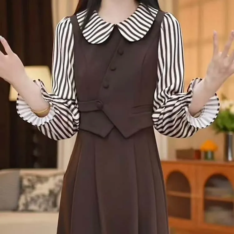 A869【连衣裙】2025早秋新款时尚有气质拼接条纹显瘦假两件连衣裙