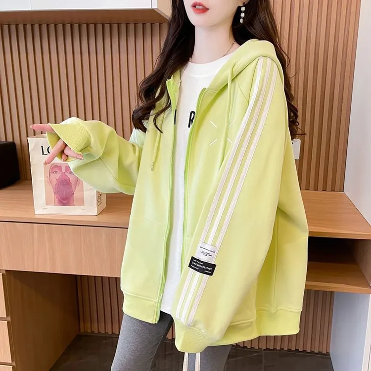 纯棉拉链开衫连帽外套女春秋季薄款学生初中生高中洋气三条杆卫衣