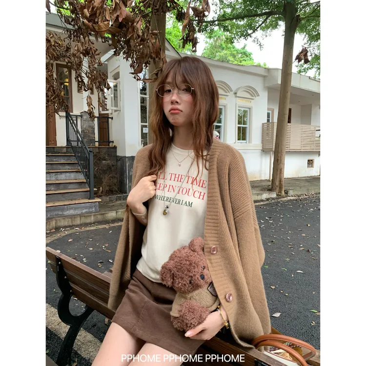 旷野晚风 秋冬v领宽松慵懒氛围百搭针织衫厚毛衣外套