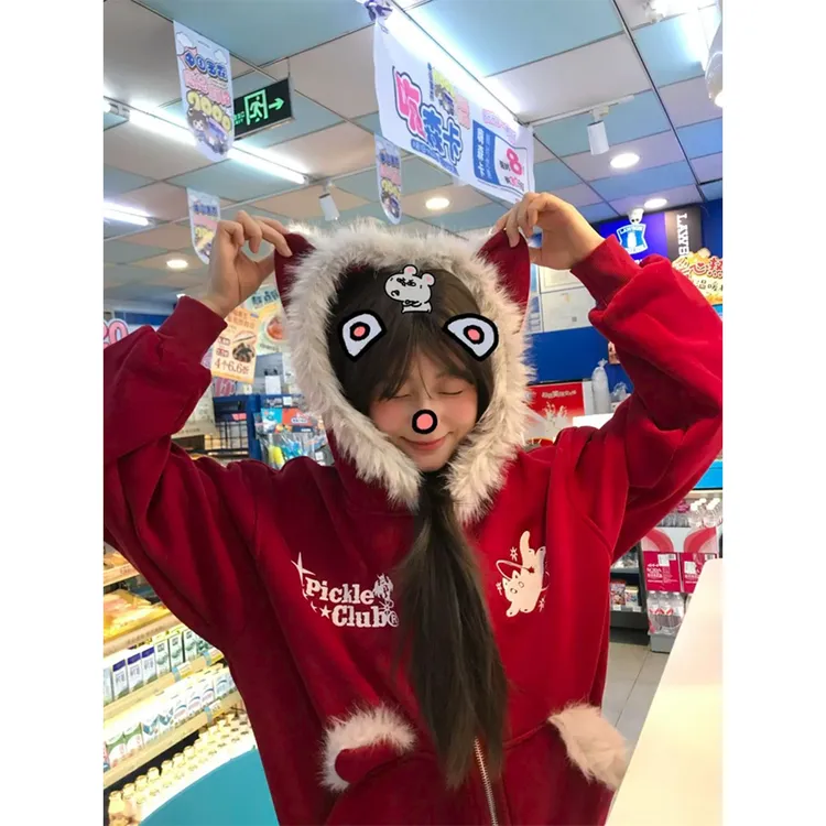 纯棉美式复古毛领连帽加绒加厚卫衣外套女冬季超好看新年圣诞外套