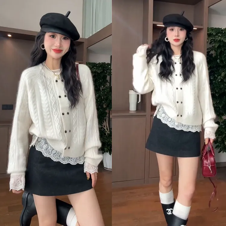 秋冬时尚一整套女装2025新款韩版蕾丝上衣圆领针织开衫短裙三件套