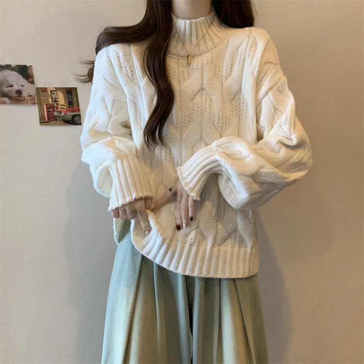 女士半高领毛衣女秋冬加厚时尚爆款宽松外穿套头慵懒风针织打底衫