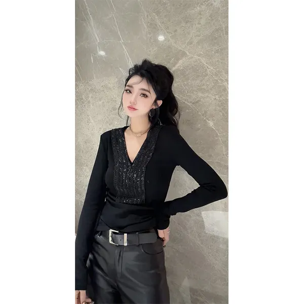 欧货设计感气质温柔V领亮片长袖T恤网红INS风百搭打底衫