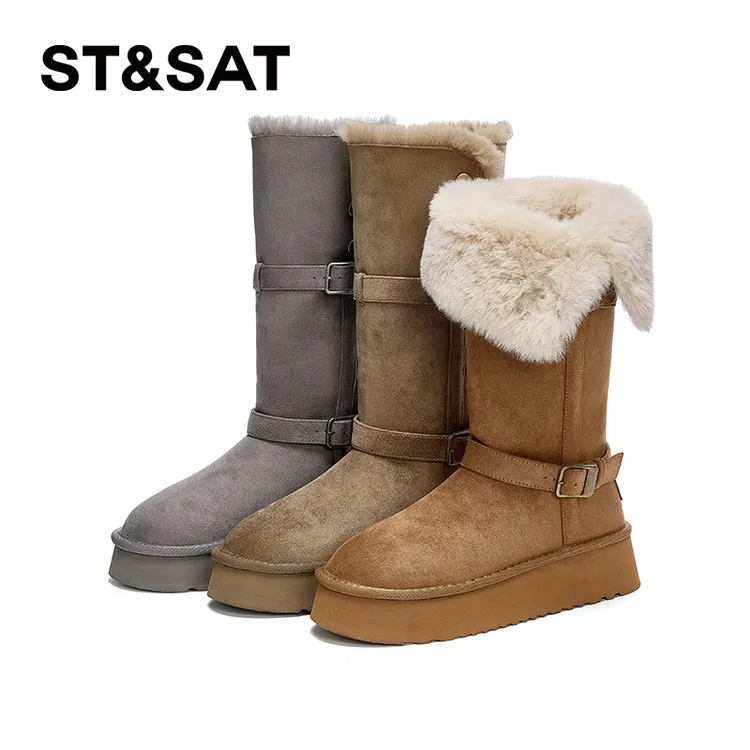 星期六厚底翻折两穿长筒靴女2025冬季新款加绒加厚保暖舒适雪地靴