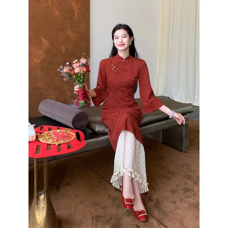 凌茜【喜乐】新中式红色提花假两件拼接暗纹提花旗袍连衣裙