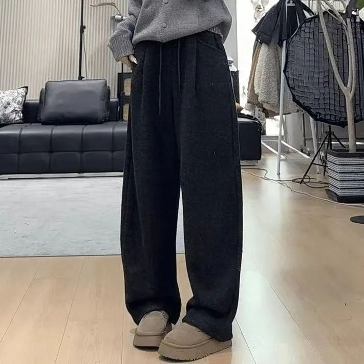 慵懒风阔腿弯刀裤女2026冬季加绒设计感抽绳百搭宽松显瘦拖地长裤
