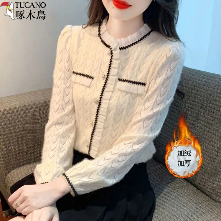 啄木鸟小香风加绒蕾丝衫女装秋冬款洋气衬衫时尚百搭长袖显瘦上衣