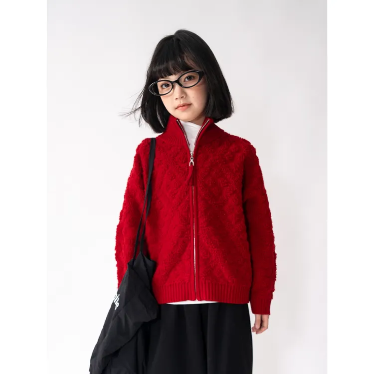 ‘年年’【100%羊毛】女童拉链开衫羊毛外套儿童新年红色拜年服