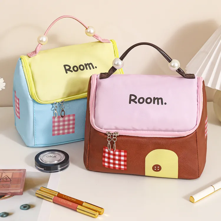 多巴胺房子化妆包大容量防水多功能便携手提新款高颜值撞色化妆包