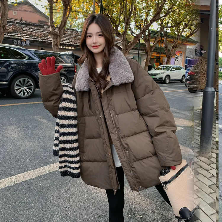 老钱风咖色中长款轻薄羽绒服2025秋冬新品韩版百搭休闲保暖面包服