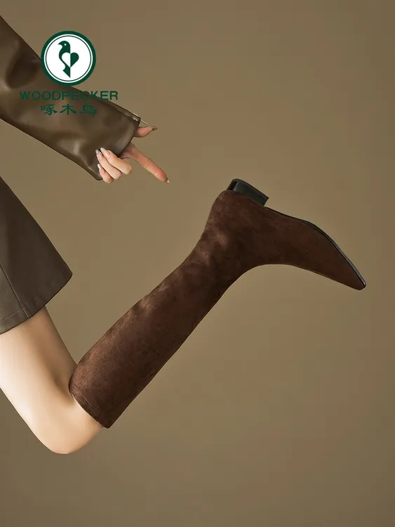 啄木鸟不过膝长靴女秋冬绒面百搭复古简约尖头高筒靴子弹力瘦瘦靴