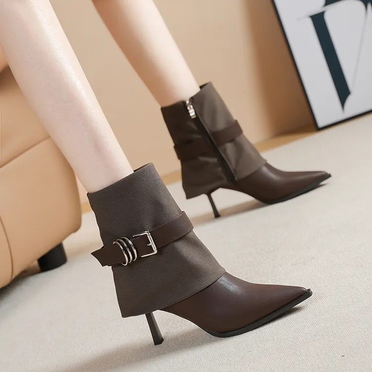 【6公分】2025秋冬新款气质尖头皮面金属扣件细跟布面裤管短靴