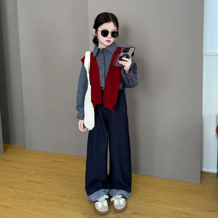 女童2025新款春秋韩系甜酷时尚穿搭洋气格子衬衫休闲牛仔裤套装潮