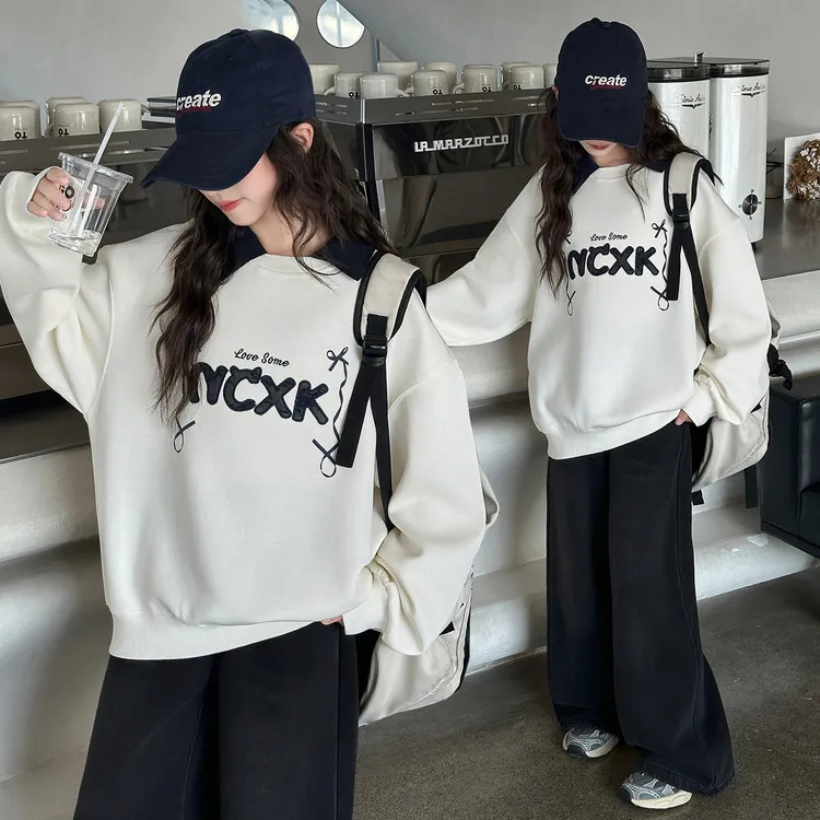 女童春秋季卫衣套装亲子装大码宽松Polo领上衣青少年牛仔裤两件套