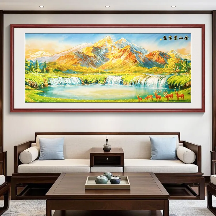 画事未了浮雕描金金山聚宝盆新中式客厅装饰画办公室山水喷绘国画