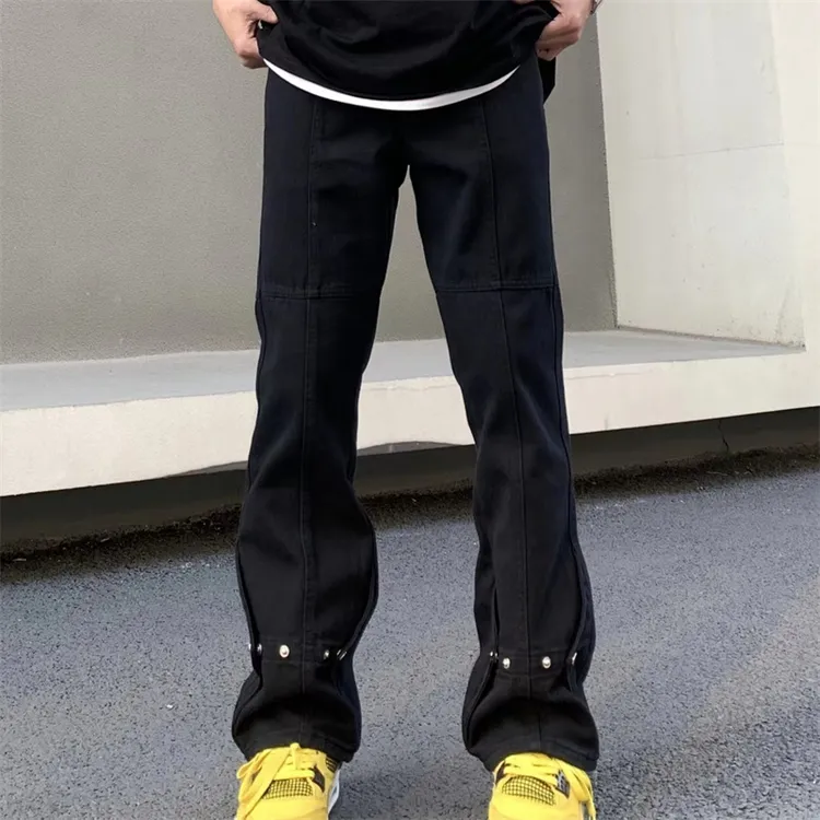 高街vibe风设计感排扣牛仔裤男ins潮牌显瘦微喇长裤子