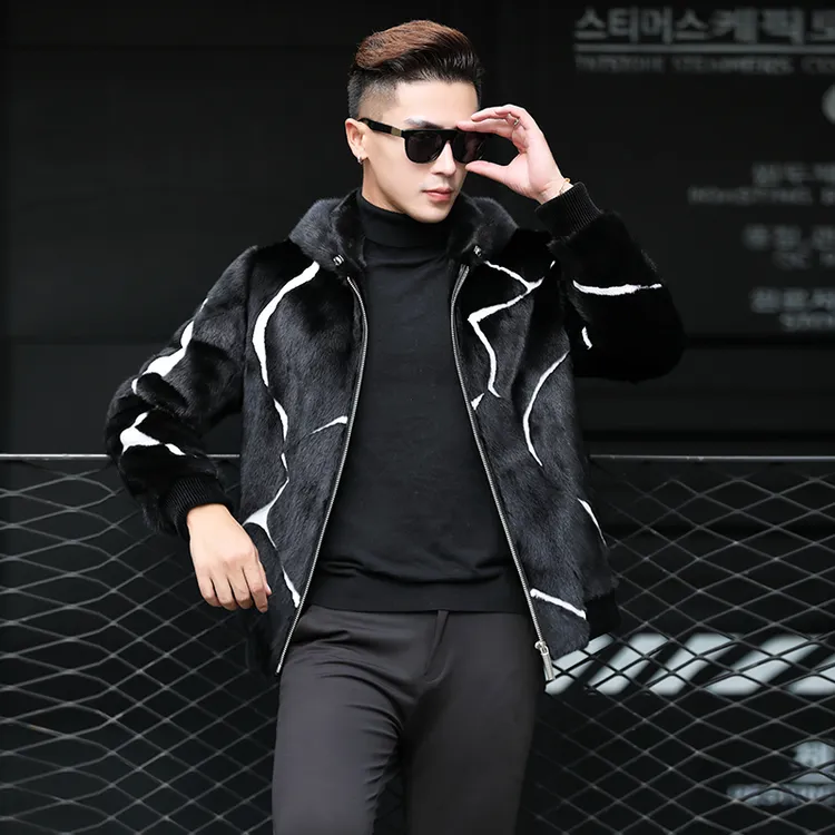 新款貂皮大衣男士整貂短款连帽五星金牌美黑进口水貂皮草外套时尚